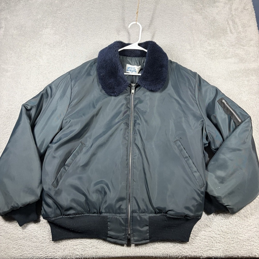 VINTAGE Blue Eagle Flight Bomber Jacket XL Faux Collar YKK USAF Aviator MA1 Y2K